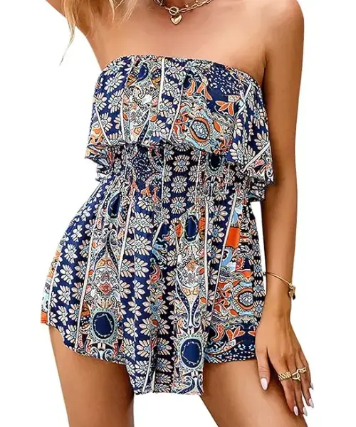 Strapless Floral Print Striped Beach Shorts Jumpsuit Online in USA