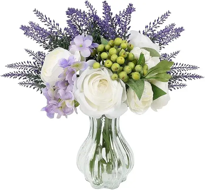 Pusuny Silk Roses & Lavender Faux Flowers in Vase, White Bouquet Decor on Amazon USA